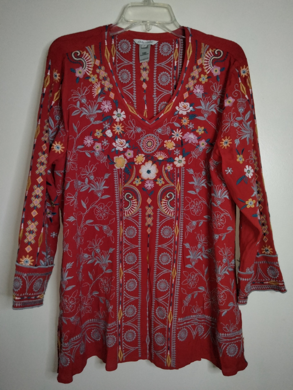 John Mark -L- Red & Multicolored Floral Embroidered V-Neck 3/4 Sleeves Tunic Top